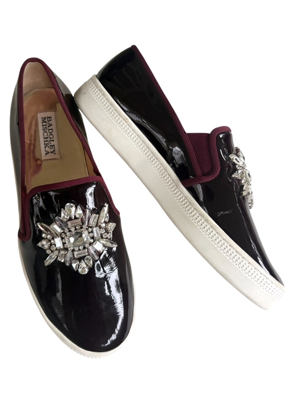 EUC Badgley Mischka Leather Barre Rhinestone Embellished Slip-On Flats Size 8